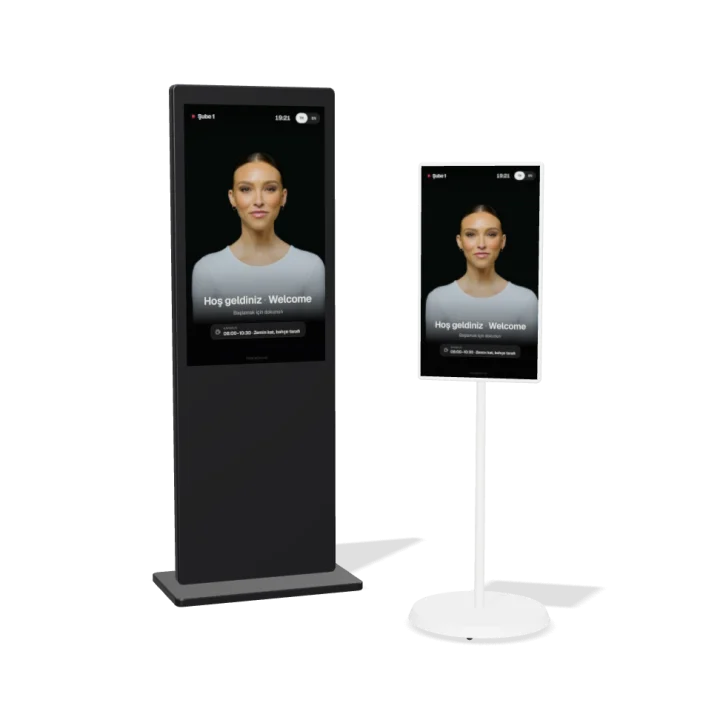 Receptionist on a vertical floor-standing lobby screen